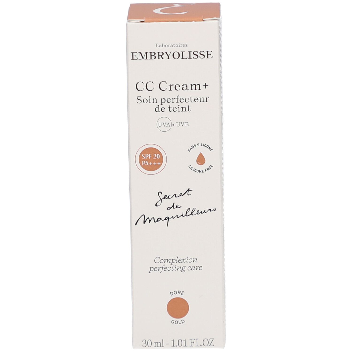 Emballage Embryolisse CC Cream+. Crème dorée. SPF 20. Sans silicone. Nom et détails du produit.