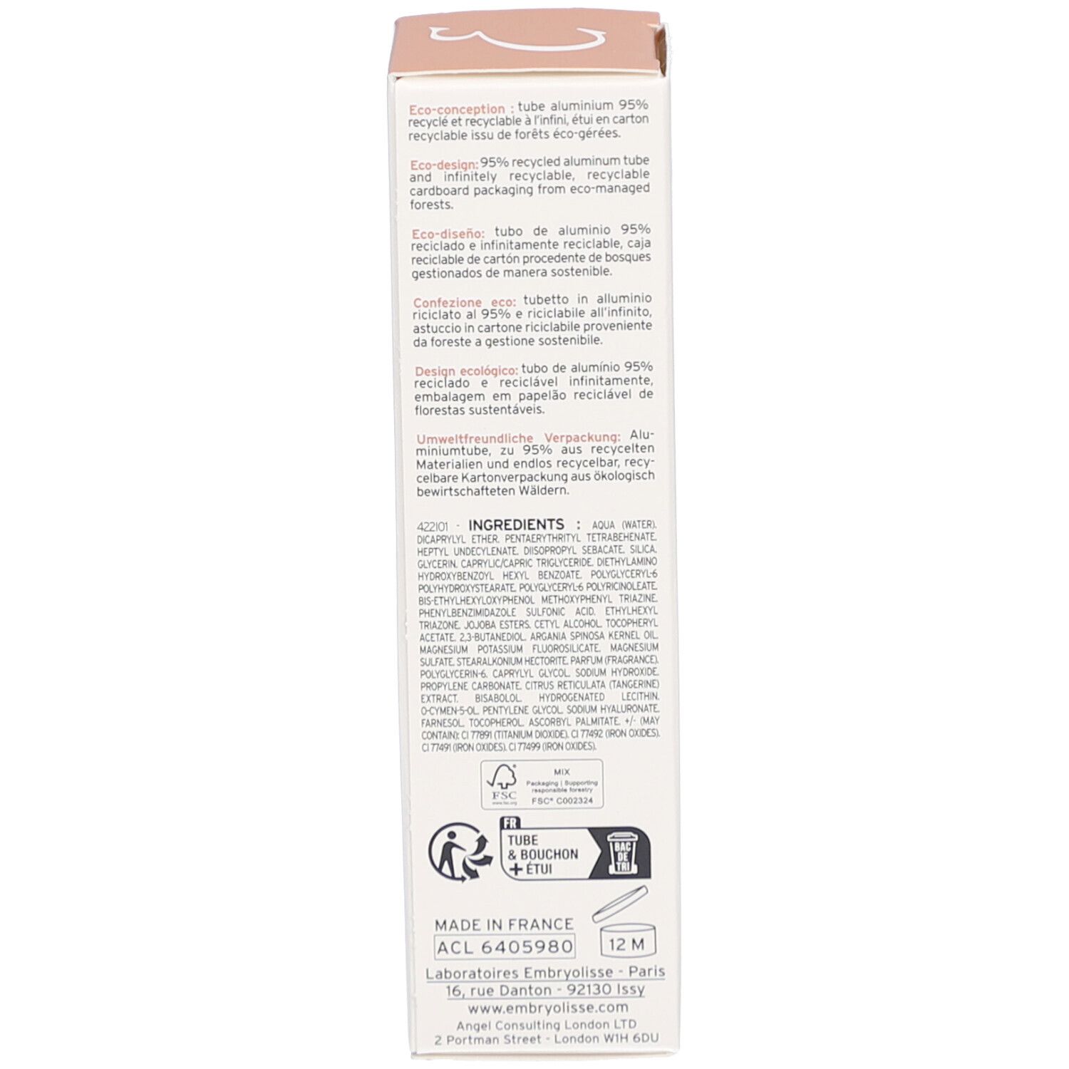 Dos de l'emballage Embryolisse CC Cream+. Texte multilingue. 30 ml. Fabriqué en France.