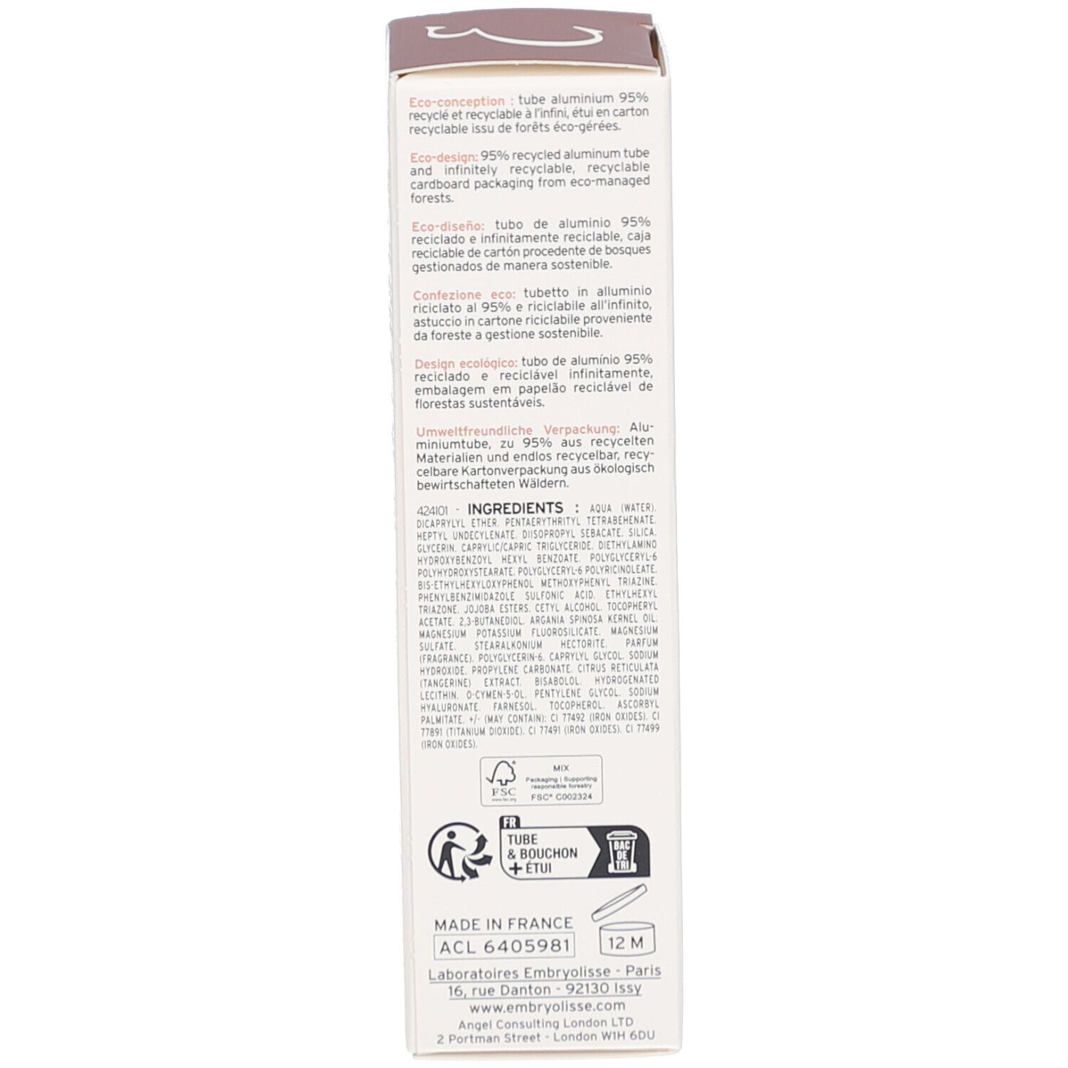 Dos de la boîte. Texte sur les ingrédients, le recyclage et les informations du fabricant.