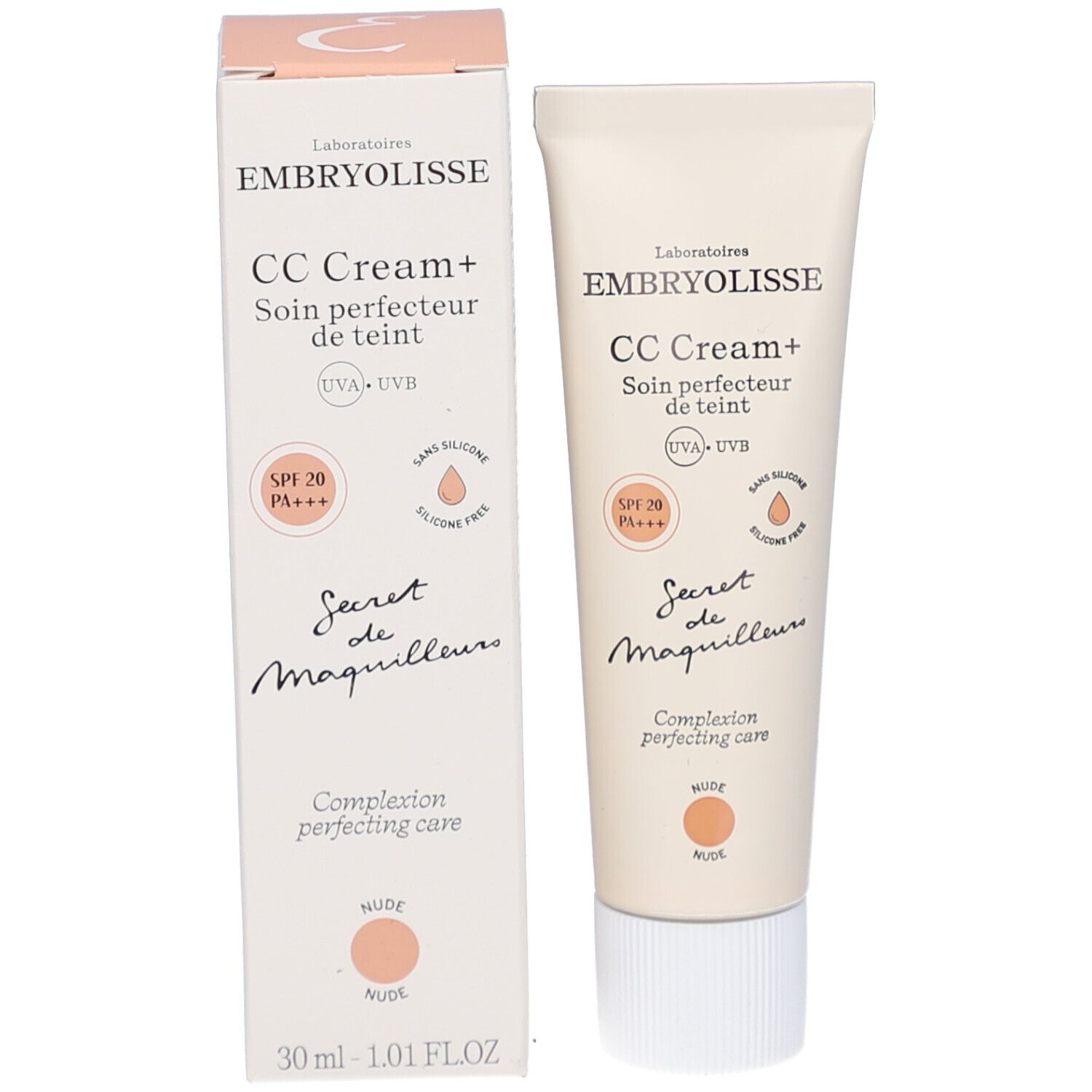 Emballage du produit avec tube et boîte. Nom et logo du produit visibles. Teinte Nude.