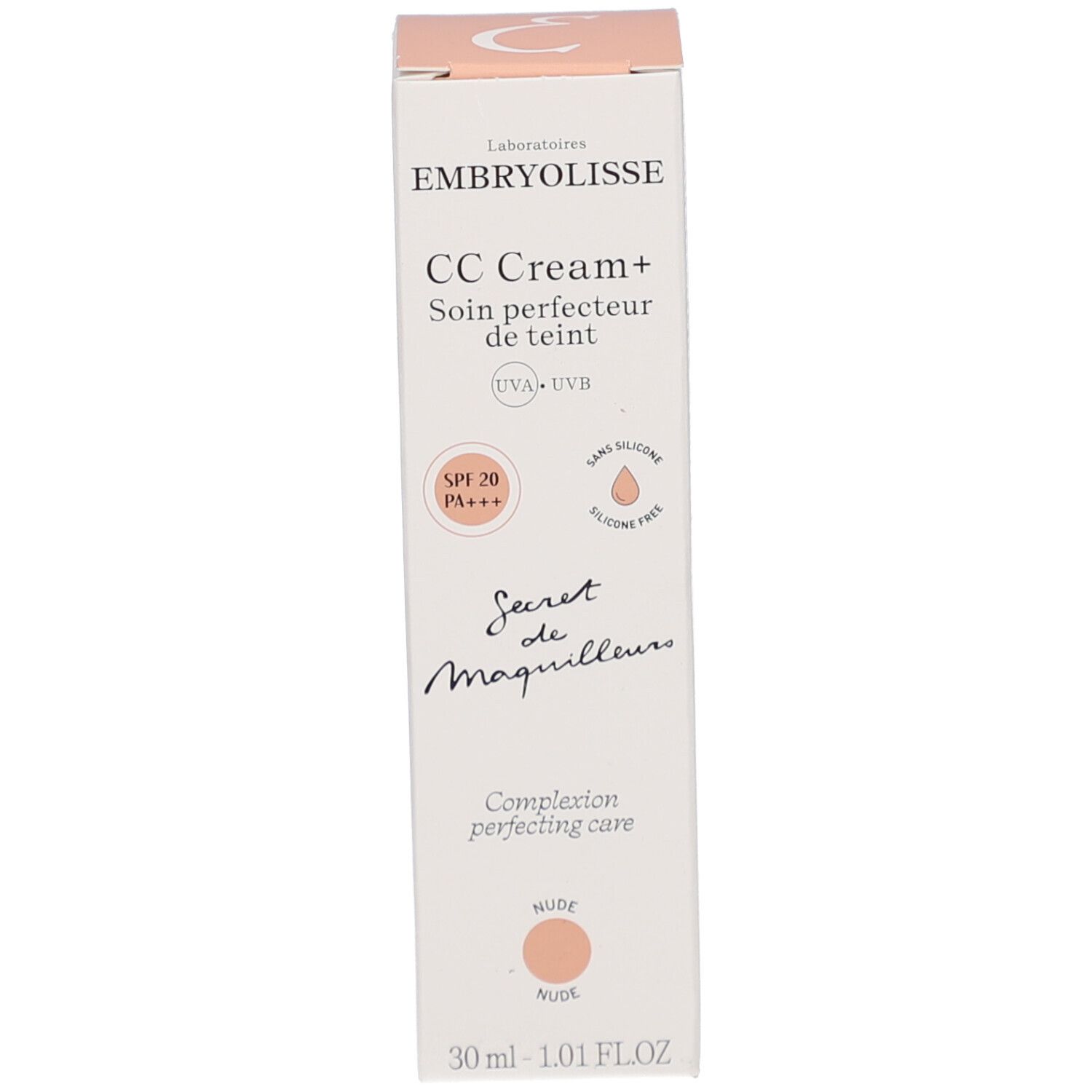 Emballage du produit avec boîte. Nom et logo du produit visibles. Teinte Nude.