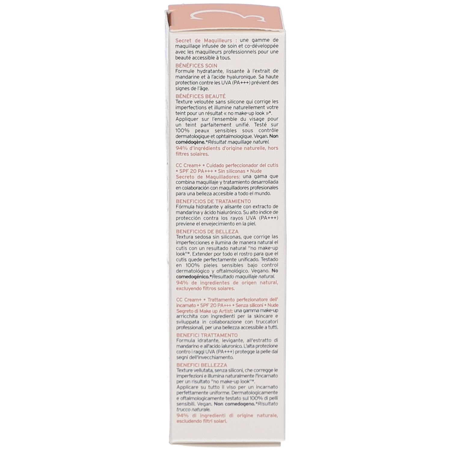 Côté de l'emballage du produit. Texte avec informations. Avantages et ingrédients.