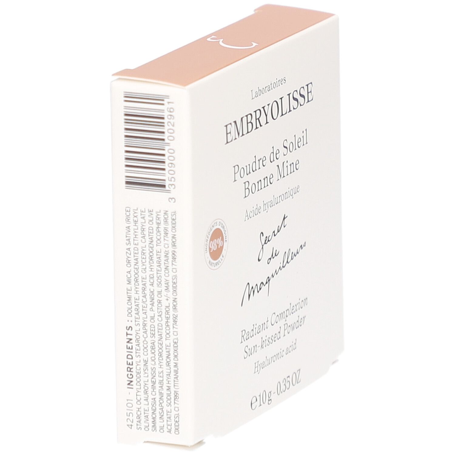 Schuine doos. Productnaam en merk zichtbaar. Bevat hyaluronzuur. Ingrediënten afgedrukt.