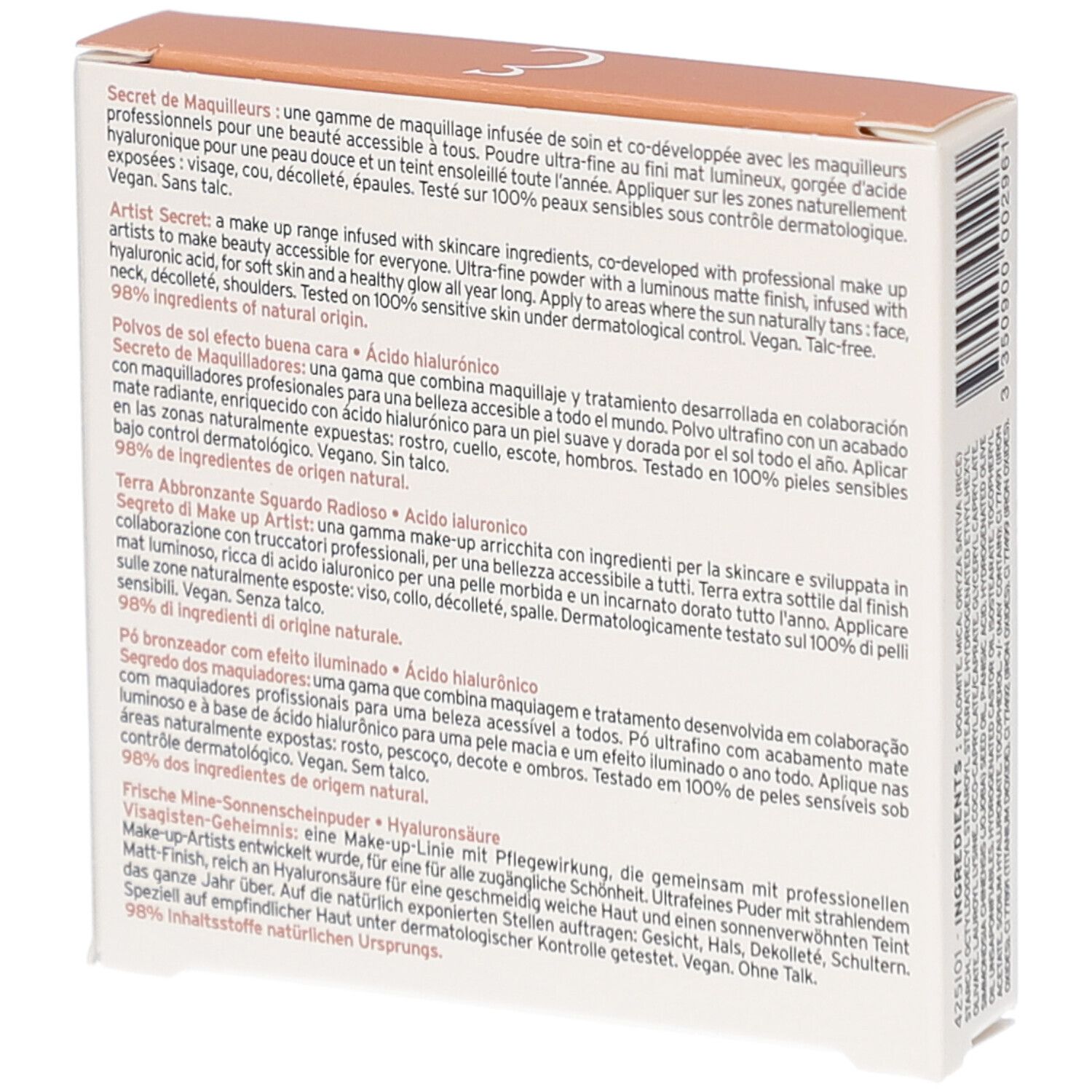 Achterkant van de verpakking met meertalige tekst. Bevat informatie over ingrediënten en gebruik.