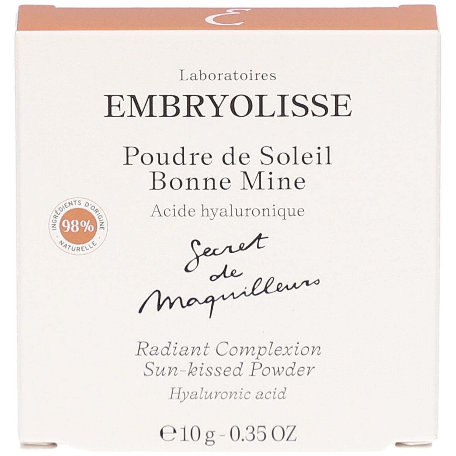 Doosje met productnaam en merk. Bevat hyaluronzuur. 98% natuurlijke ingrediënten.