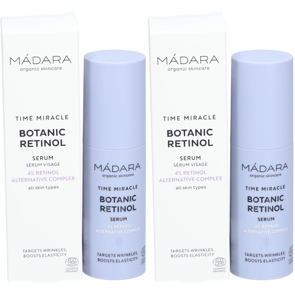 Twee flessen en twee dozen van MADARA Time Miracle Botanic Retinol. Opschrift: Serum, 4% Retinol, Alternative Complex.