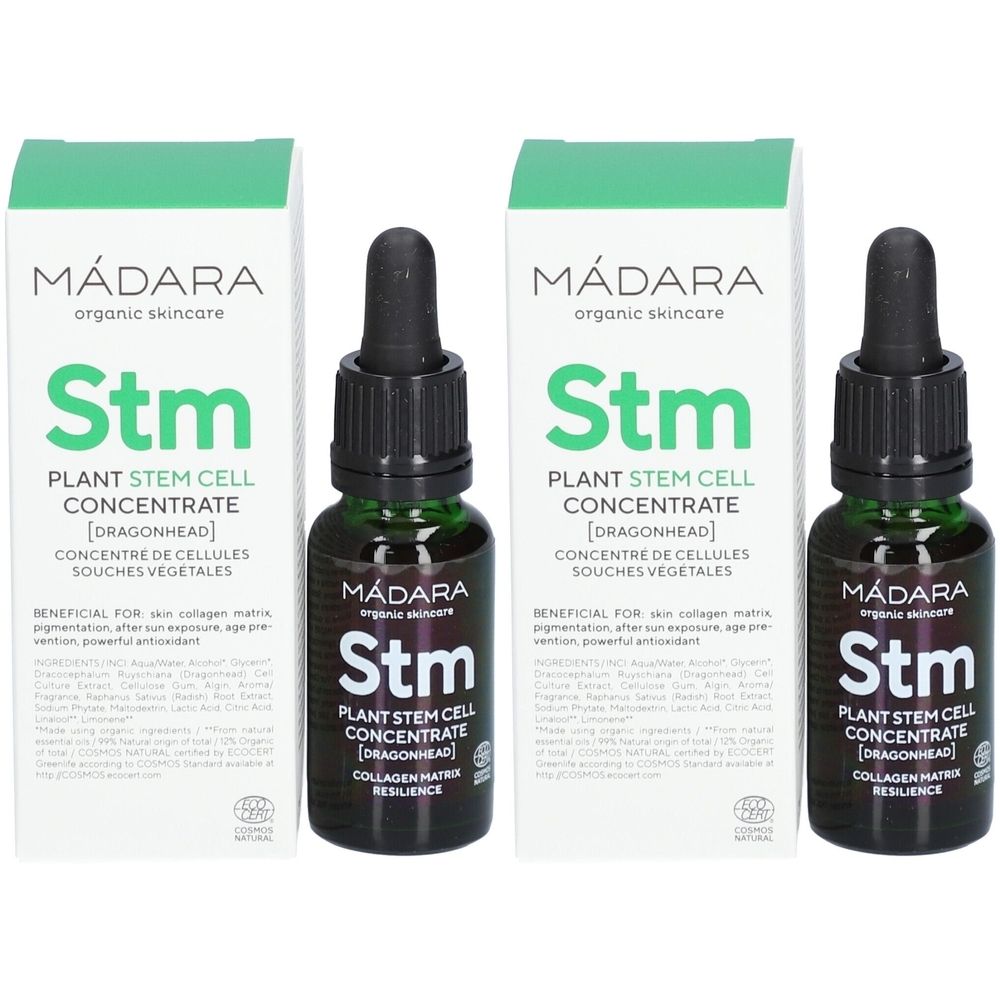 Twee flessen en twee dozen. Opschrift: MÁDARA, Stm Plant Stem Cell Concentrate. Groen glas, zwarte pipet, witte dozen met groene accenten.