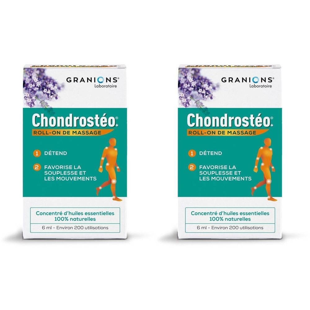 Twee rechthoekige verpakkingen van Chondrostéo Roll-On massage. Opschriften: Granions, Chondrostéo, Roll-On de Massage, 100% natuurlijke essentiële oliën.