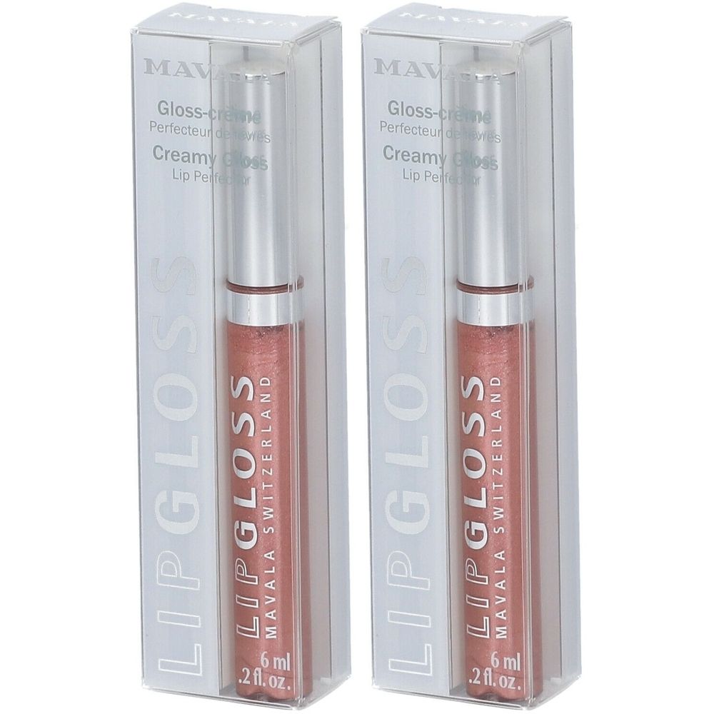 Twee lipgloss tubes in transparante verpakkingen. Opschrift: LIP GLOSS, MAVALA SWITZERLAND, 6 ml.