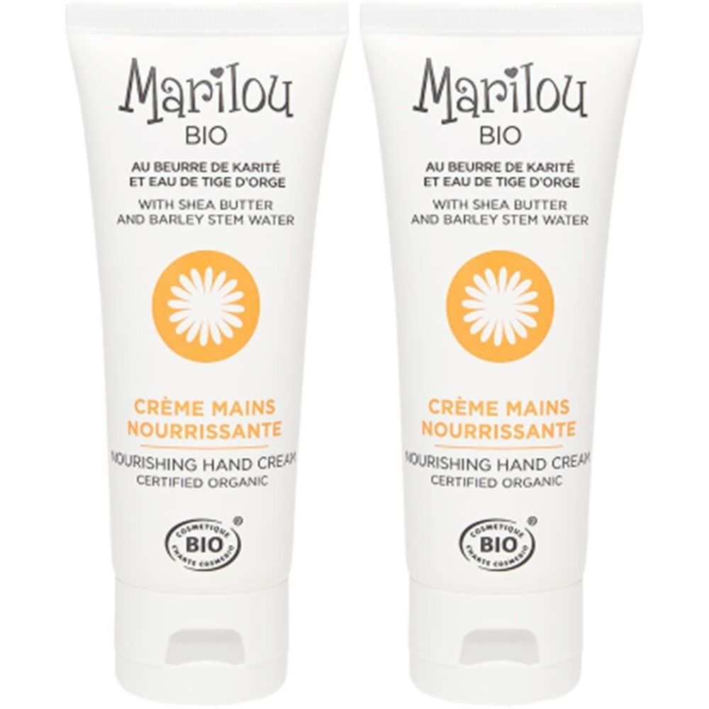 Twee witte tubes handcrème. Opschrift: Marilou BIO, Crème Mains Nourrissante. Met bio-keurmerk.