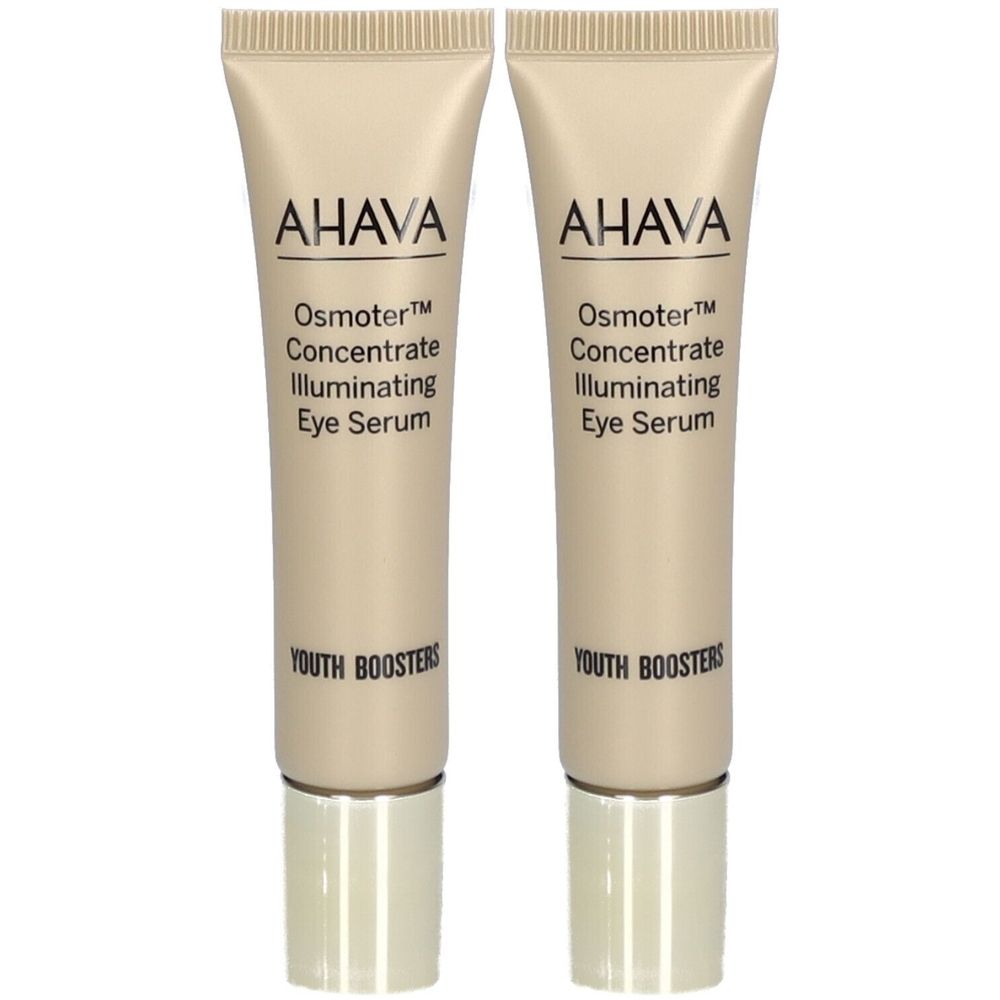 Deux tubes de sérum contour des yeux illuminateur concentré Osmoter AHAVA avec bouchons argentés.