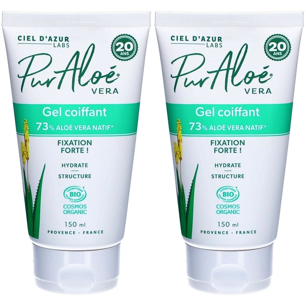 Twee tubes CIEL D'AZUR PurAloé Gel Coiffant. Wit, met groene en zwarte tekst. Bevat 73% Aloë Vera.