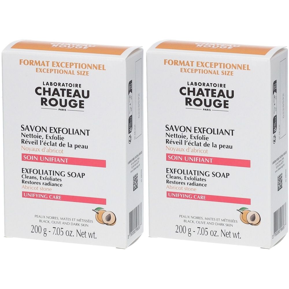 Twee witte dozen met SAVON EXFOLIANT. Merk CHÂTEAU ROUGE. Tekst in het Frans en Engels. 200g. Uitzonderlijk formaat.