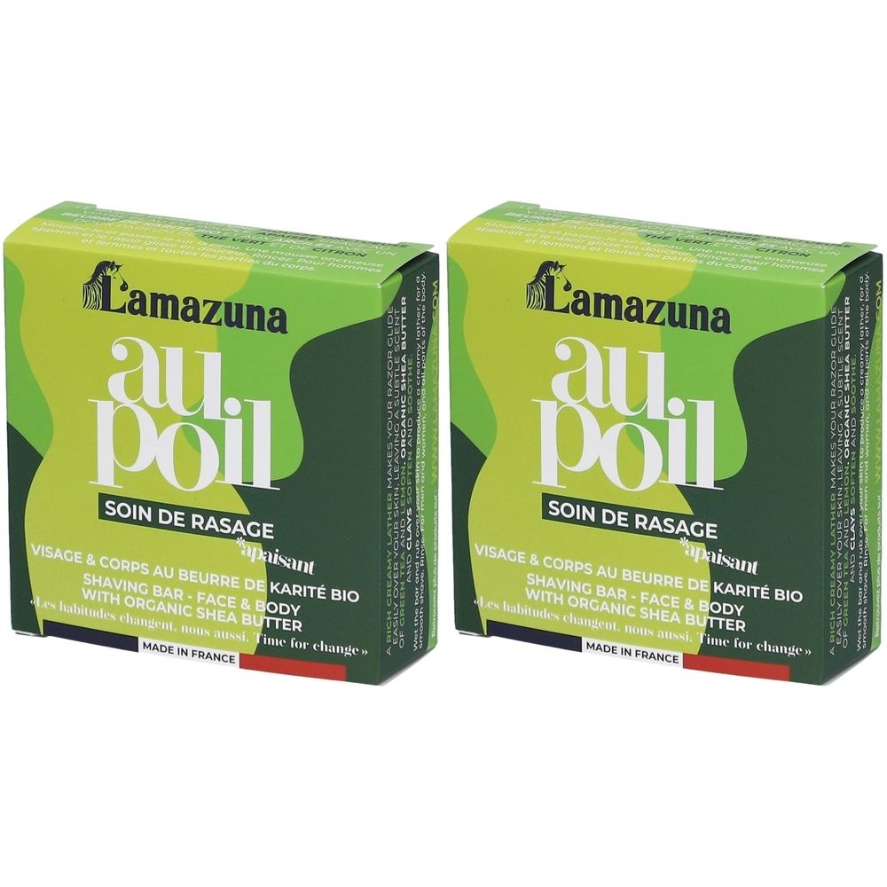 Deux boîtes vertes avec le nom du produit « au poil » et le logo Lamazuna. Inscription : « Soin de Rasage » et « Made in France ».