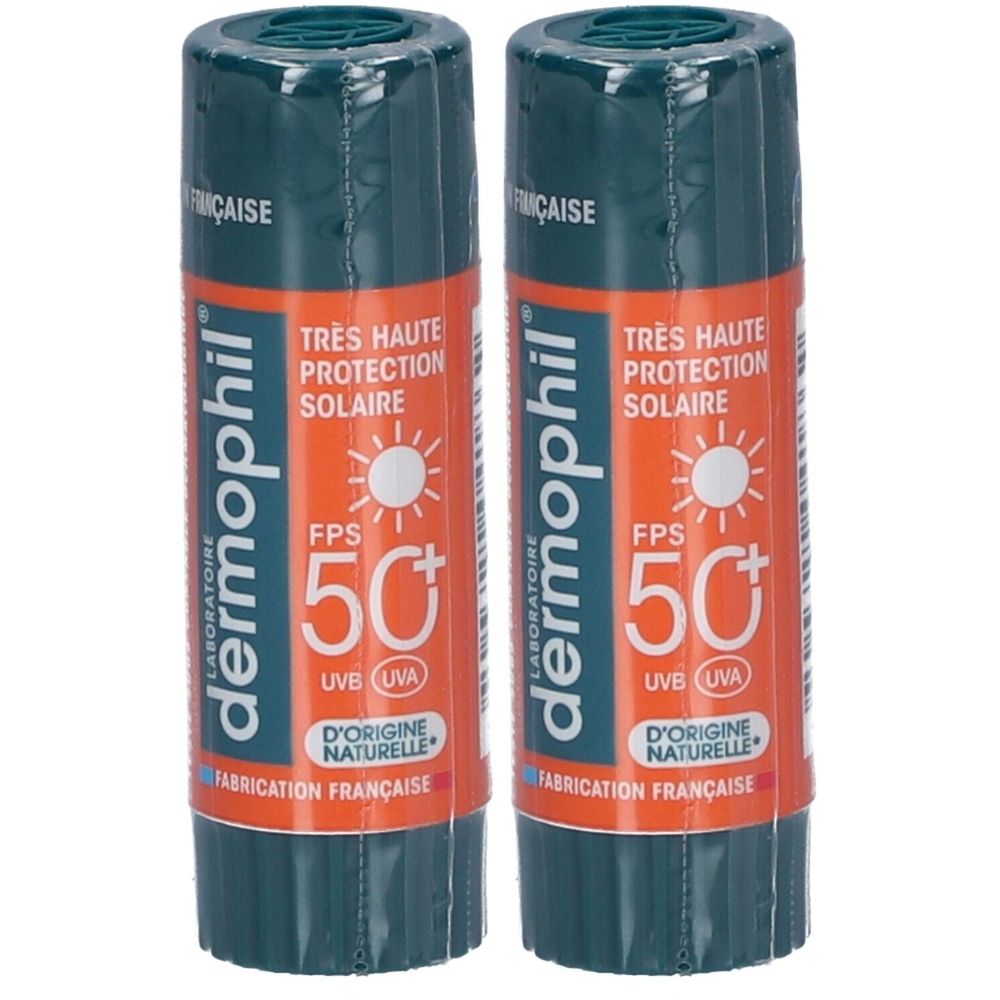 Deux sticks à lèvres cylindriques. Impression orange avec texte: « TRÈS HAUTE PROTECTION SOLAIRE FPS 50+ ». Marque: dermophil.