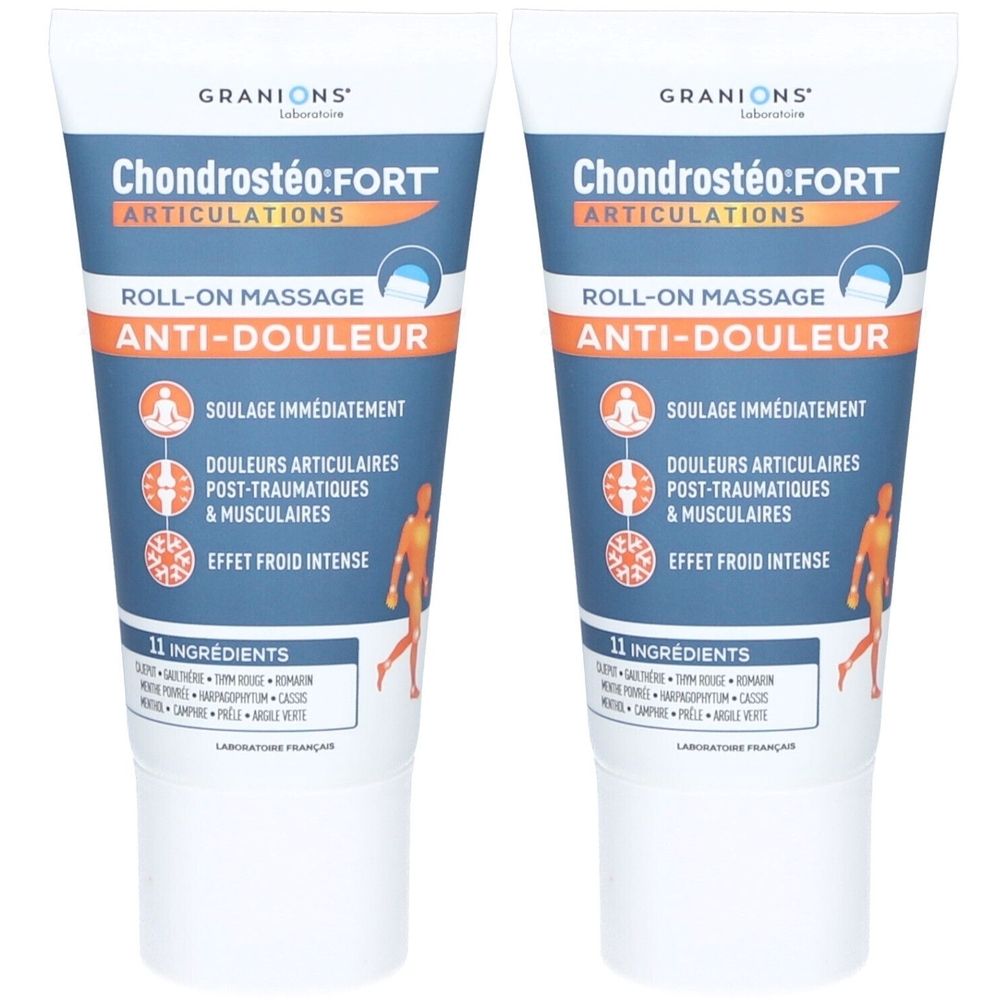 Twee tubes Chondrostéo:FORT, Roll-on Massage Anti-Douleur. Wit, met blauwe en oranje tekst. Bevat 11 ingrediënten.