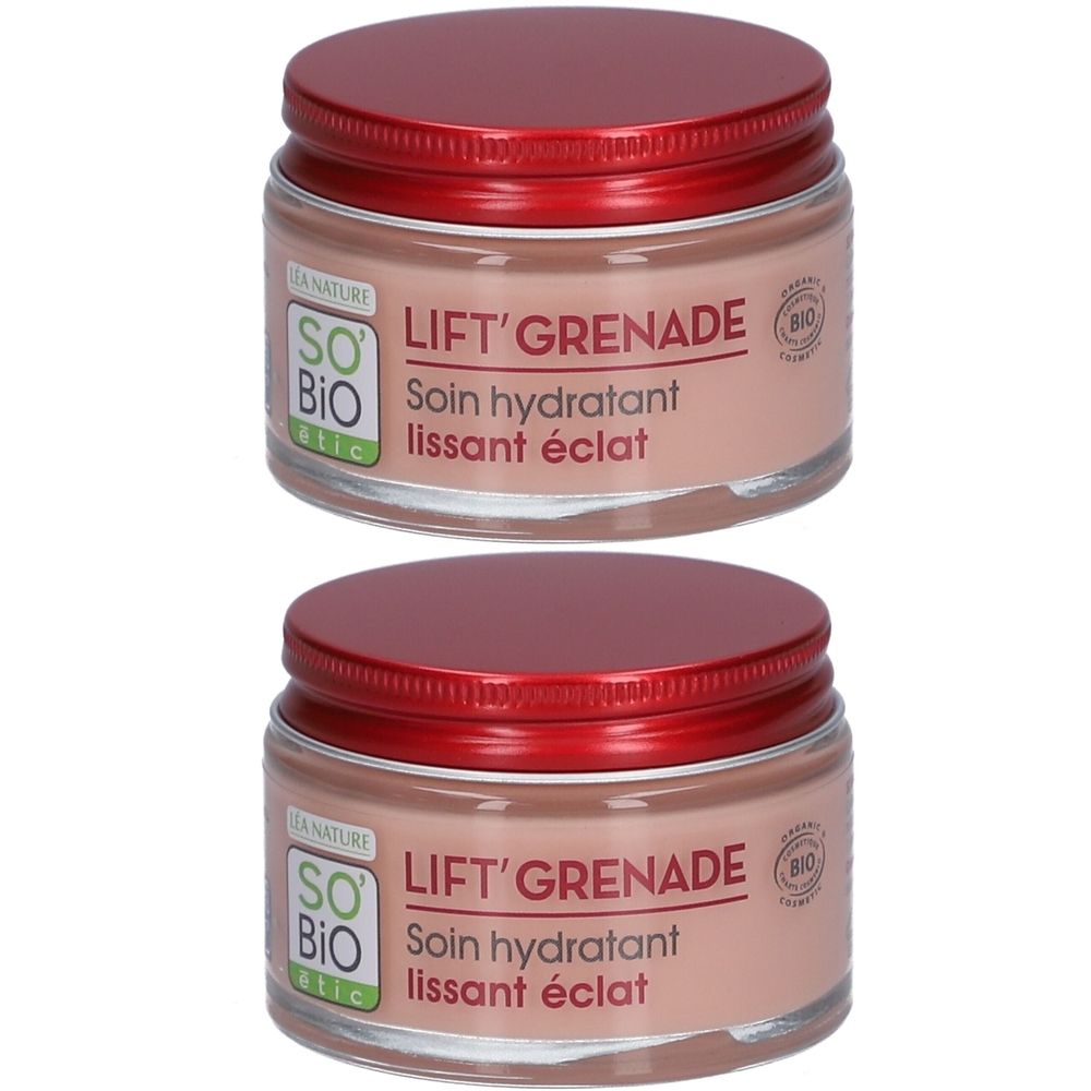 Deux pots de crème hydratante lissante SO BIO ETIC Lift'Grenade avec couvercle rouge.