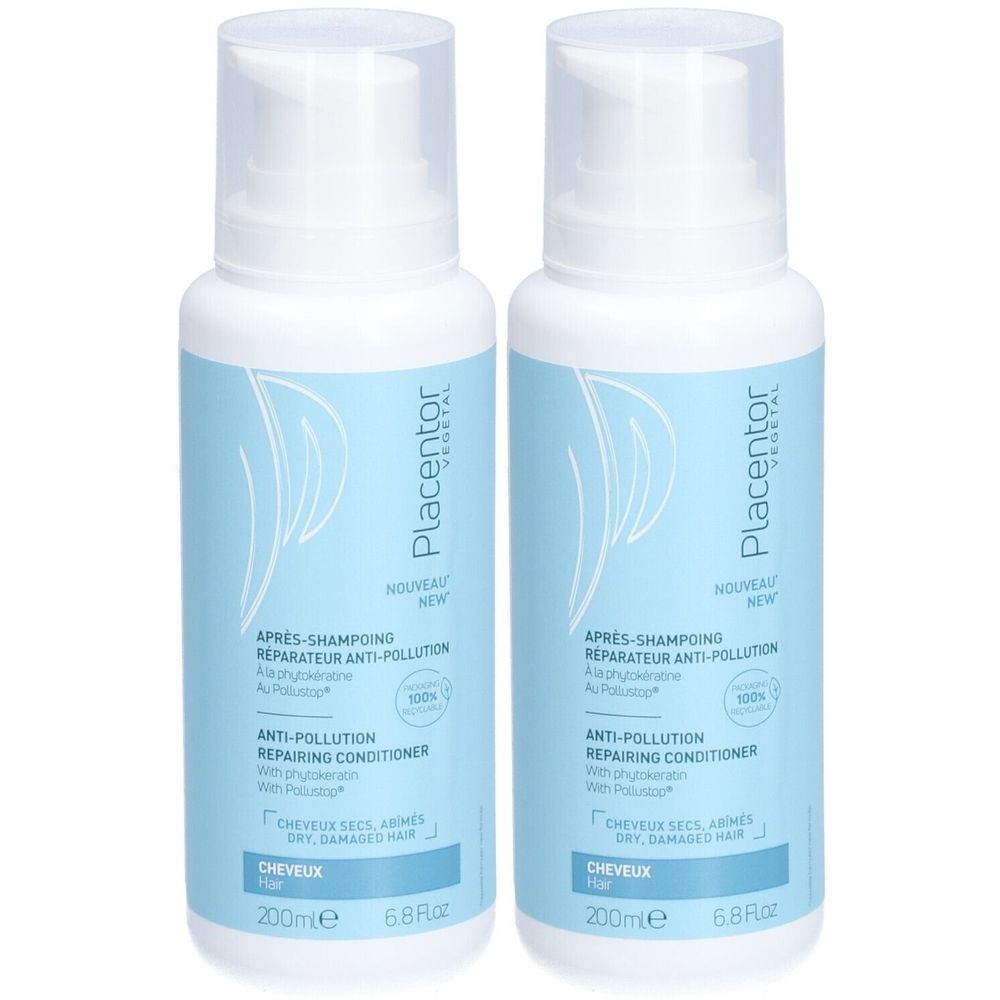 Twee flessen Placentor vegetal Après-Shampooing, wit en blauw. Tekst: Anti-Pollution, Repairing Conditioner. Voor droog, beschadigd haar.