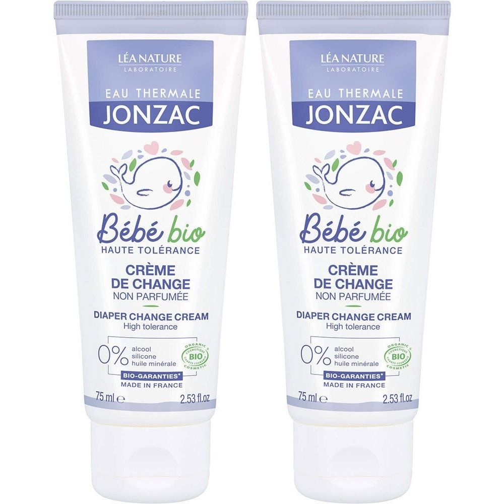 Twee tubes Jonzac Bébé Bio luiercrème. Witte tubes met blauwe tekst en logo. Bevat Bio-garantie.