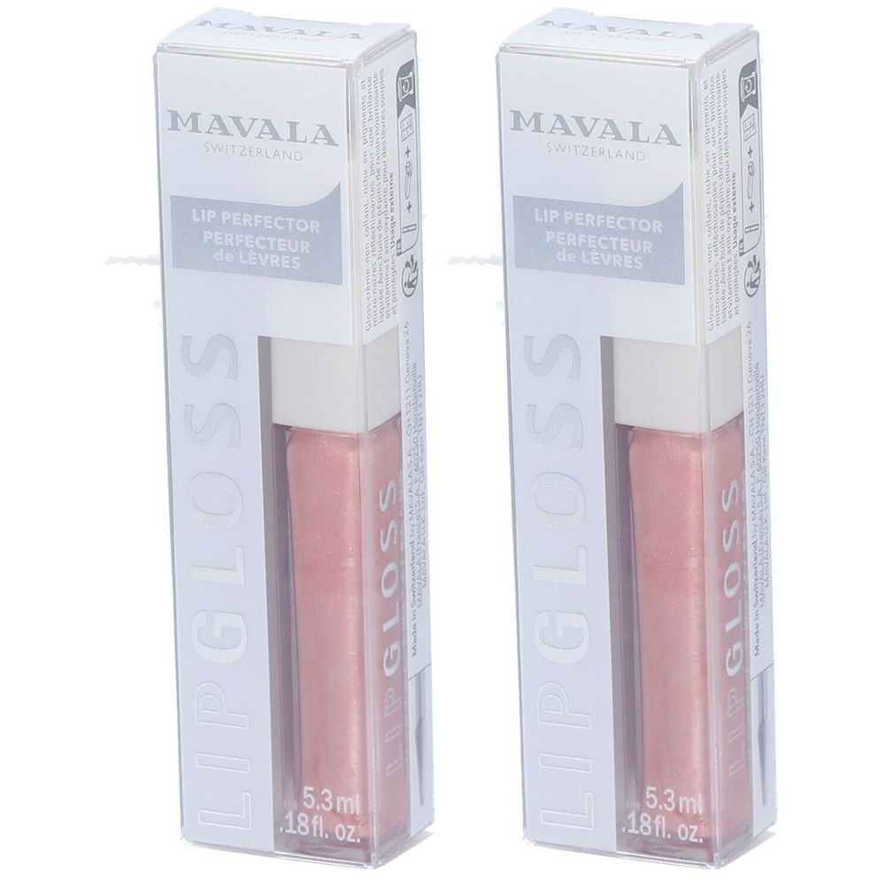 Deux boîtes de gloss. Carton blanc avec nom et marque du produit. Flacon de gloss rose avec bouchon blanc.