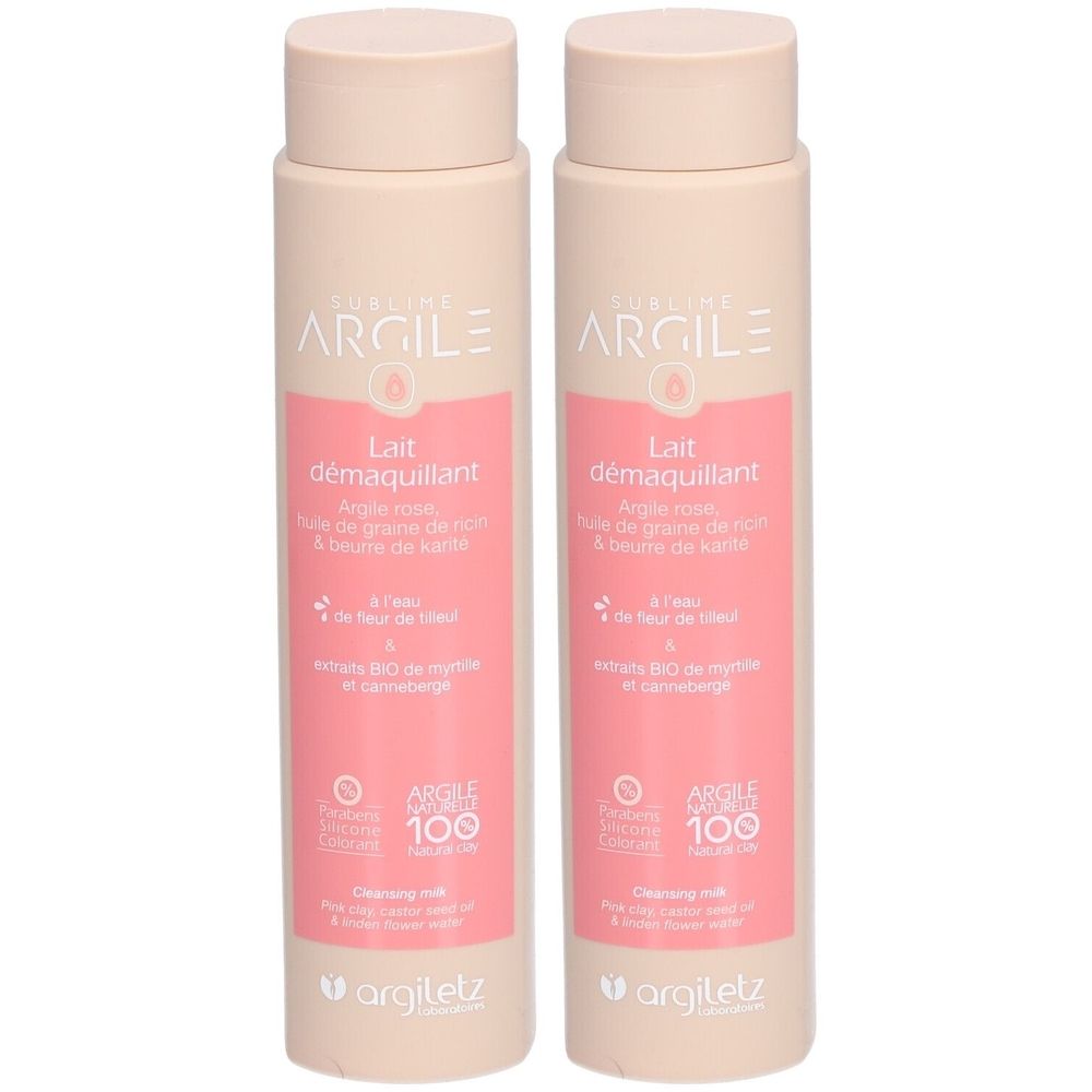 Deux flacons de Lait démaquillant. Étiquette rose avec informations produit. Marque : Argiletz. Bouchons et corps beiges.