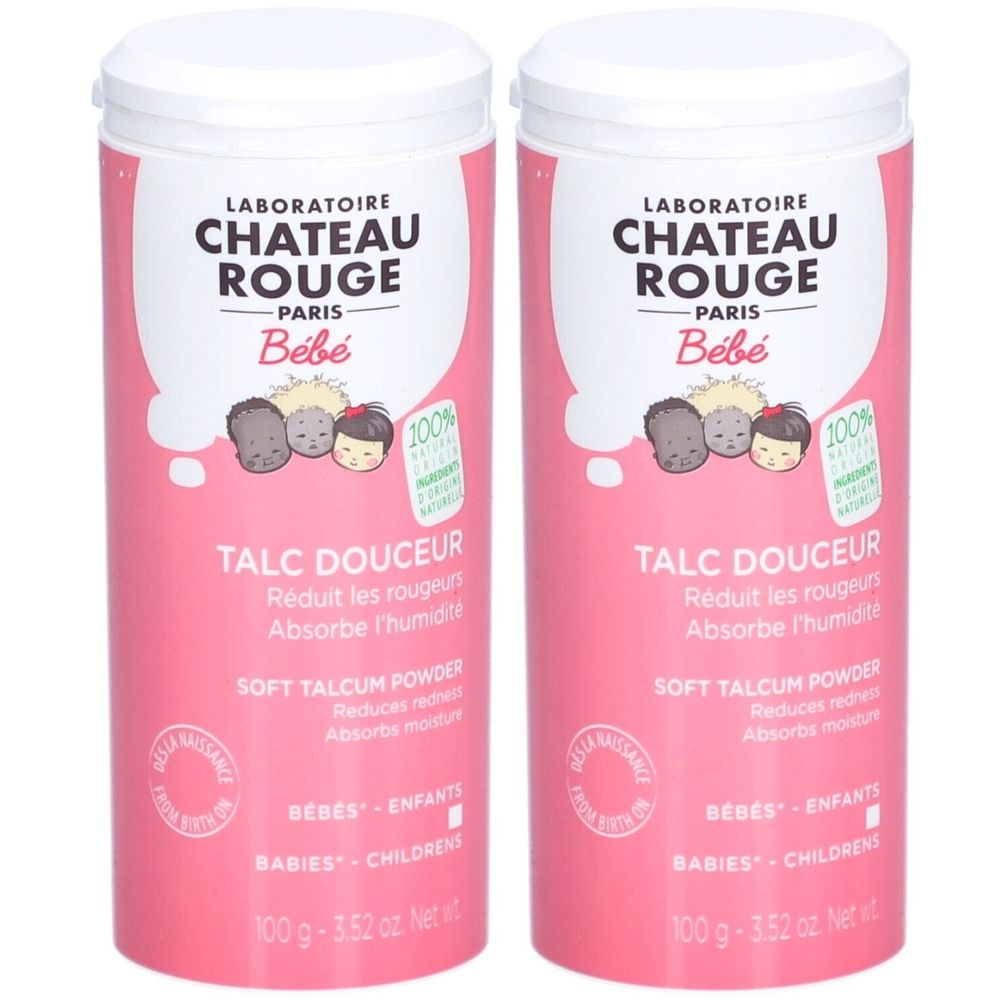 Twee roze potten met witte deksels. Opschrift: Chateau Rouge Bébé Talc Douceur. Bevat talkpoeder.