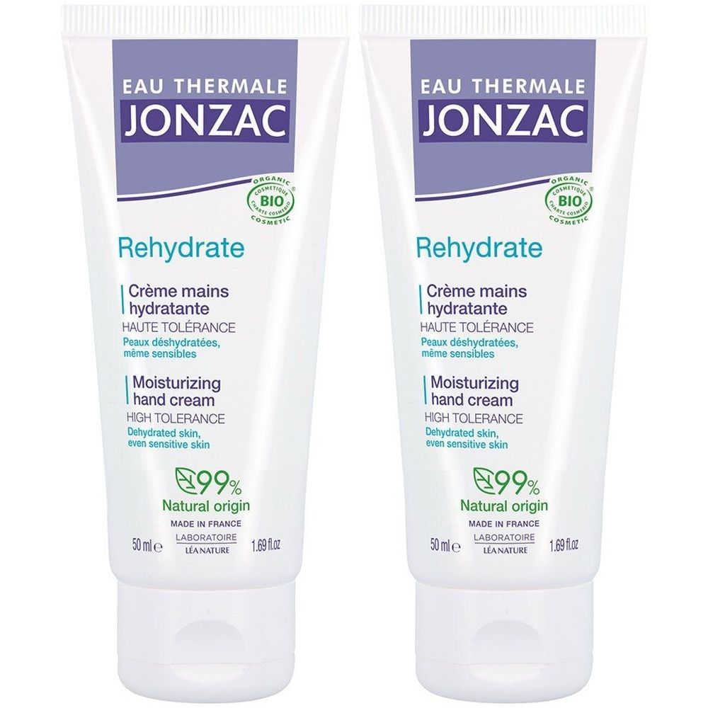 Twee tubes handcrème. Opschrift: Jonzac, Rehydrate, Bio. Bevat 99% natuurlijke oorsprong. Gemaakt in Frankrijk.