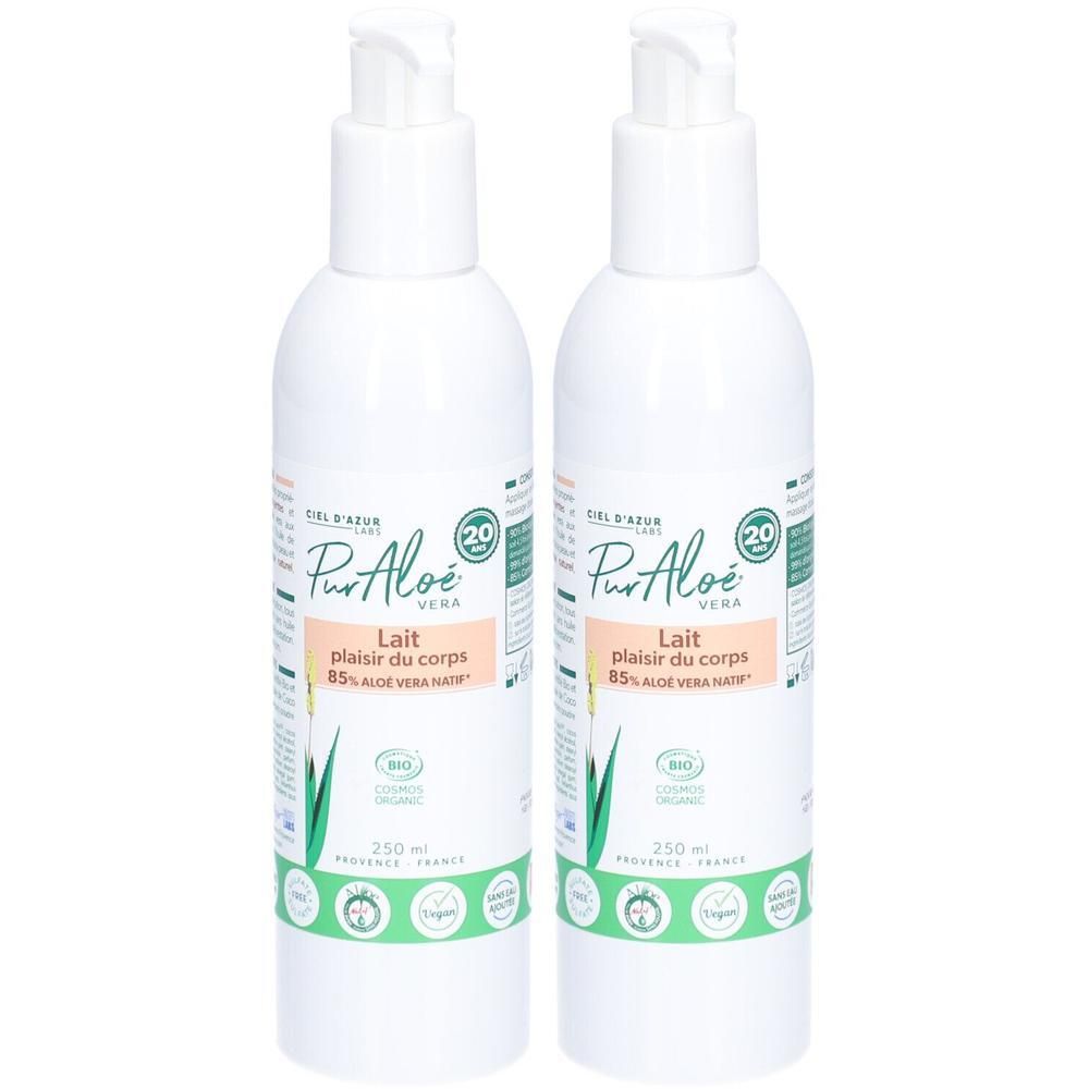 Deux flacons blancs avec pompe. Inscription : Pur Aloé Vera, Lait plaisir du corps, 85% Aloe Vera. Certification bio.