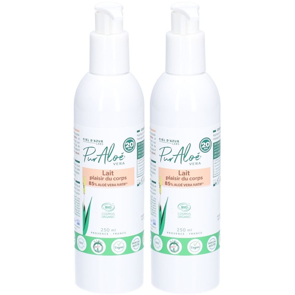 Twee witte pompflesjes Pur Aloé Biologische Bodylotion met 85% Aloë Vera. 250 ml.