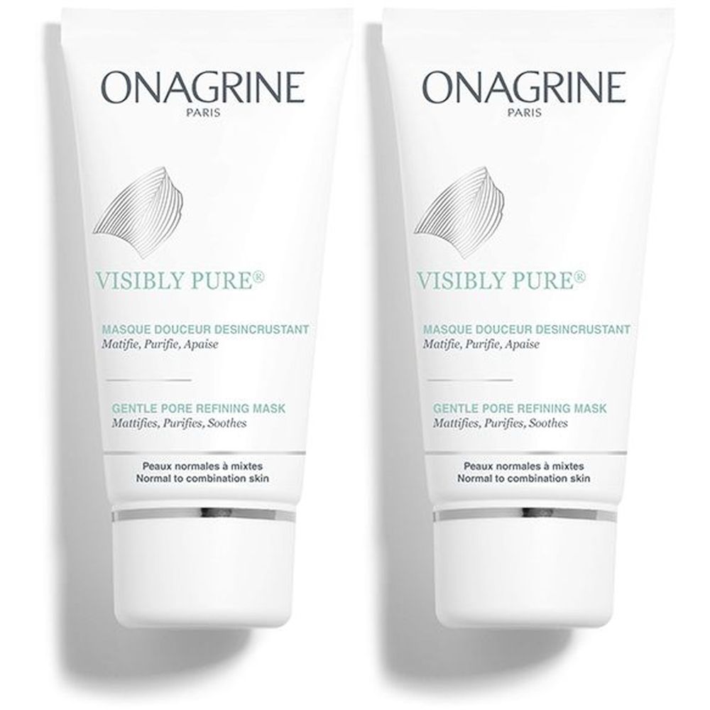 Twee witte tubes met tekst. Bovenin ONAGRINE PARIS. Daaronder VISIBLY PURE, Masque Douceur. Voor normale tot gemengde huid.