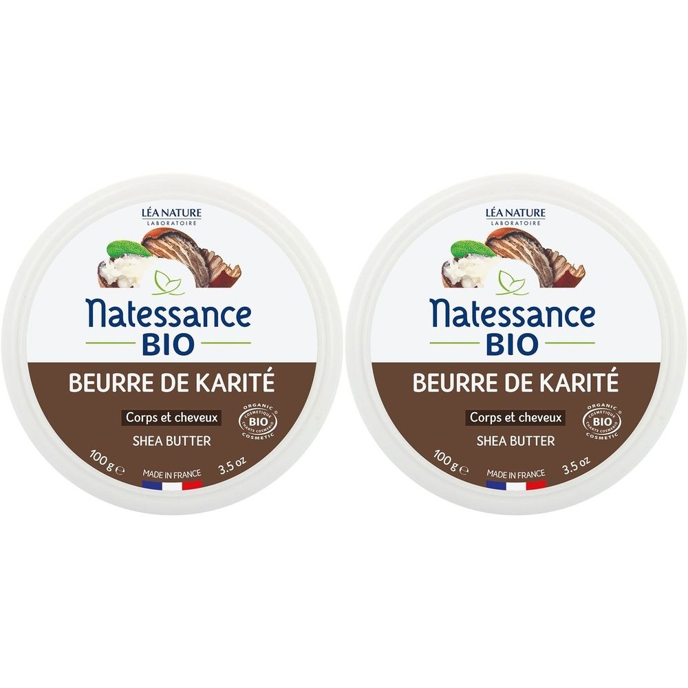 Deux pots ronds avec couvercles. Inscription: Natessance BIO Beurre de Karité. Label BIO. Drapeau français. Texte: Corps et cheveux, Shea Butter.