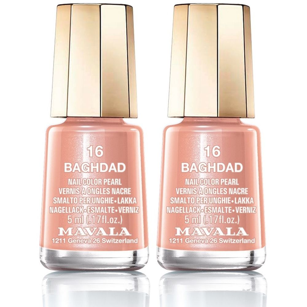 Deux flacons de vernis à ongles. Teinte 16 Baghdad. Bouchon doré. Inscription : Mavala, Nail Color Pearl, 5 ml.