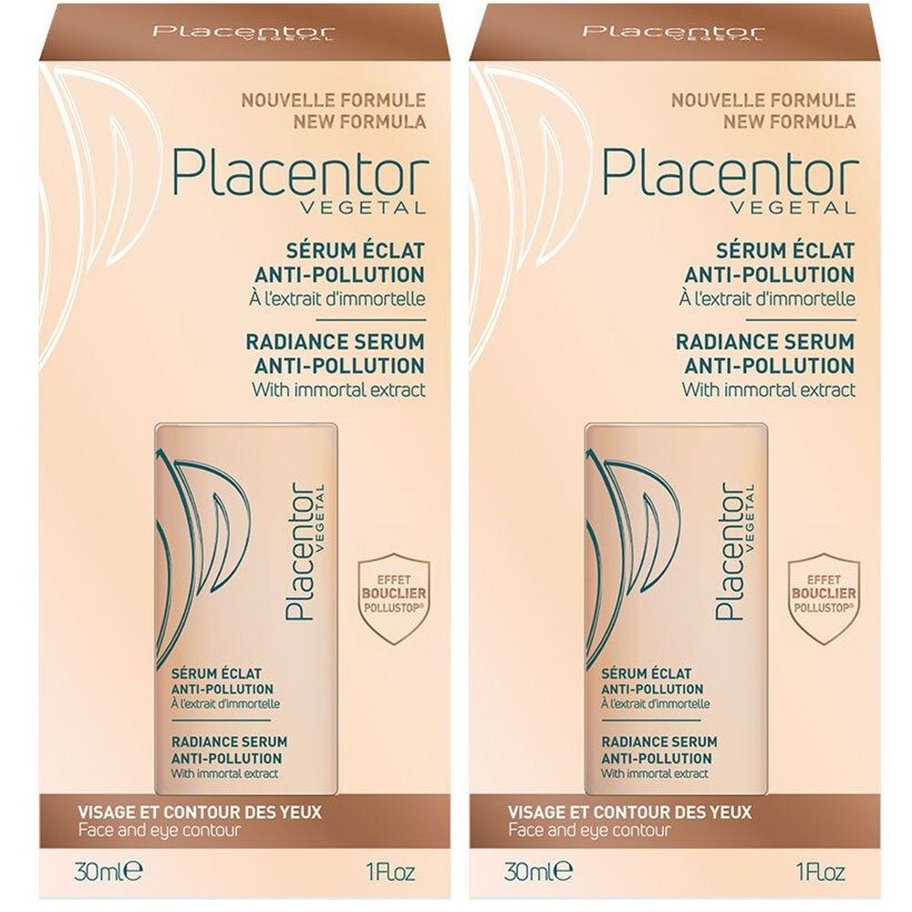 Twee productverpakkingen. Opschrift: Placentor VEGETAL, Sérum Éclat Anti-Pollution. Bevat serumflesje. 30ml en 1 Fl.oz.