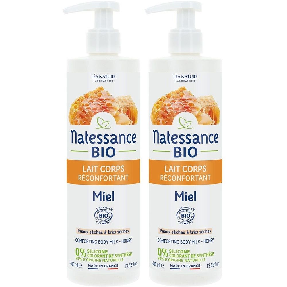 Deux flacons de lait corporel avec pompe. Inscription: Natessance BIO, Lait Corps Réconfortant Miel. Illustration de miel.