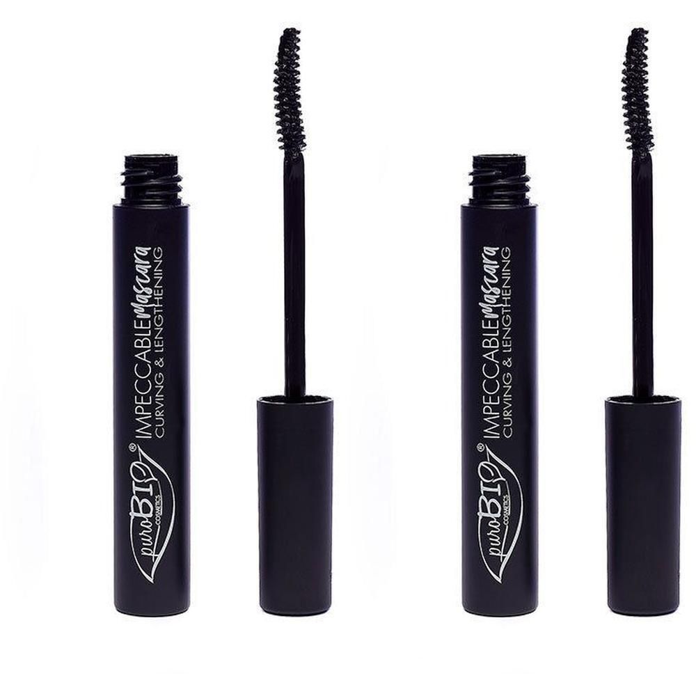 Twee zwarte mascara tubes met borstels. Opschrift: Impeccable Mascara, Curving & Lengthening. Merk: puroBIO.