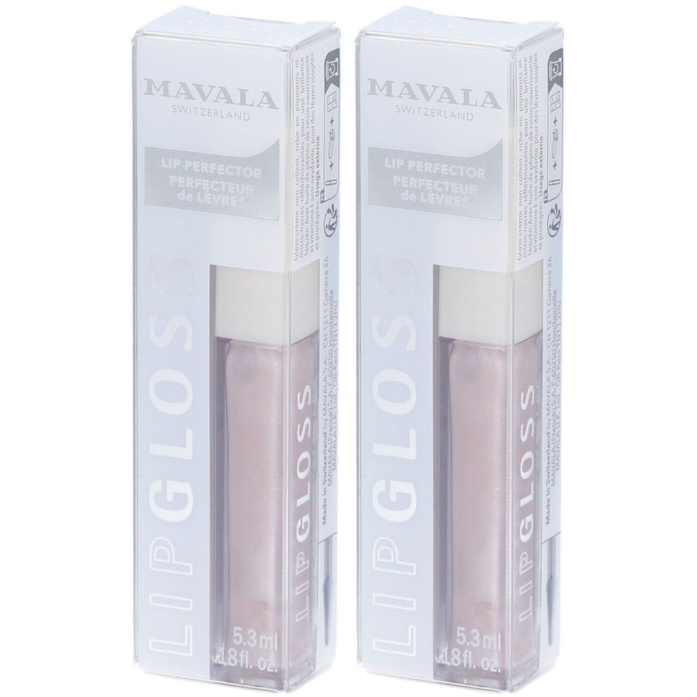 Twee lipgloss verpakkingen. Opschrift: MAVALA, LIP GLOSS, LIP PERFECTOR. De flesjes zitten in een transparante verpakking.