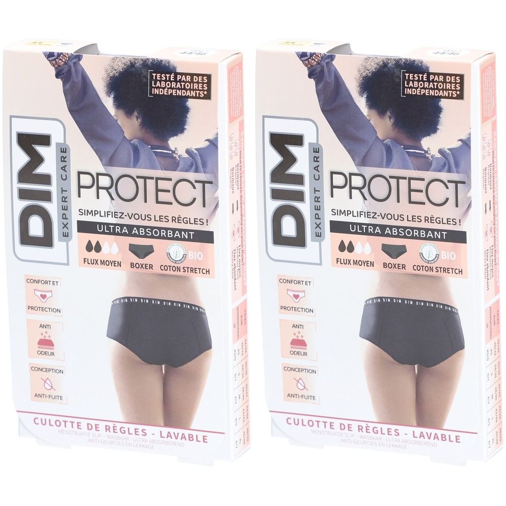 Twee verpakkingen zwarte menstruatieslips. Opschrift: DIM PROTECT, ultra absorberend, biologisch katoen, boxer model.