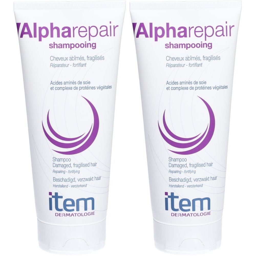 Twee witte tubes shampoo. Opschrift: Alpharepair, shampoo voor beschadigd haar. Merk: item Dermatologie.