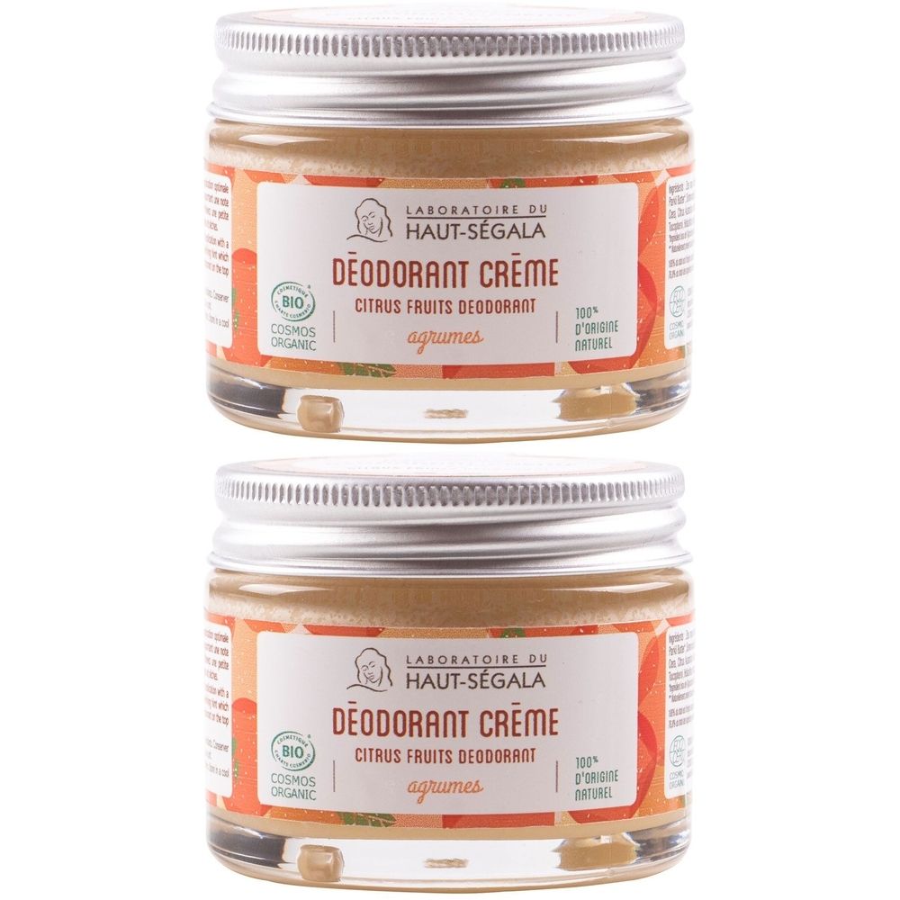 Twee potjes deodorantcrème met zilveren deksels. Labels: LABORATOIRE DU HAUT-SÉGALA, DÉODORANT CRÈME, Citrus Fruits Déodorant, agrumes.