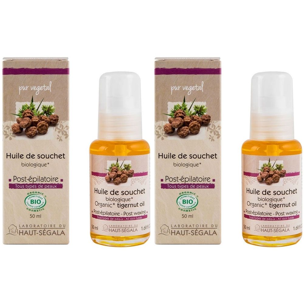 Drie flessen en verpakkingen. Opschrift: Huile de souchet biologique, Post-épilatoire, BIO-certificering. Flessen met roll-on applicator.