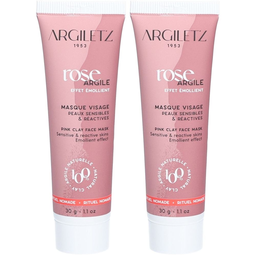 Twee tubes roze gezichtsmasker. Opschrift: ARGILETZ, rose Argile, Masque Visage, Peaux Sensibles & Réactives.