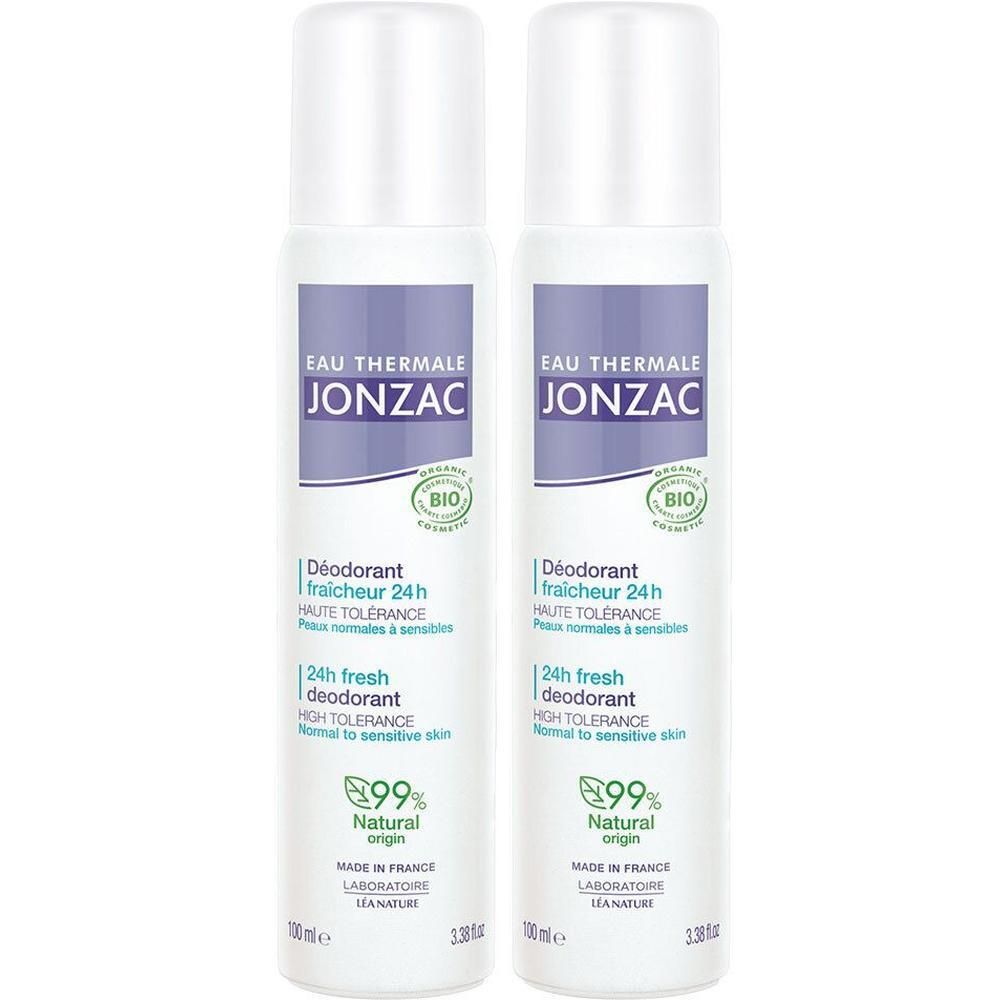 Deux déodorants blancs avec étiquettes violettes. Inscription: EAU THERMALE JONZAC, Déodorant Fraîcheur 24h, 99% Natural origin. Certification Bio.