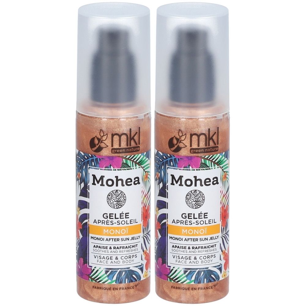 Deux flacons de gelée après-soleil mkl Mohea. Flacons transparents avec pompe noire. Étiquette avec motif floral et informations produit.