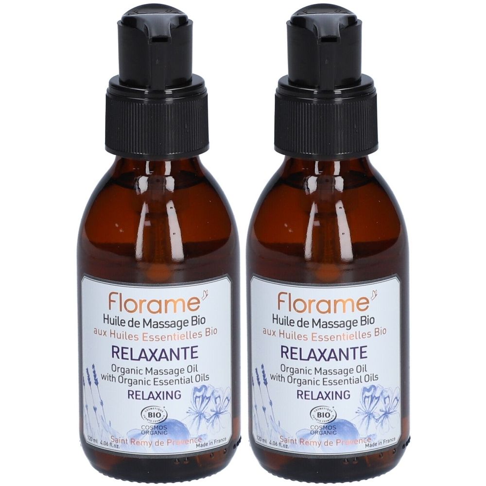 Twee bruine glazen flessen met zwarte dop. Labels: "Florame Huile de Massage Bio Relaxante". Massageolie.