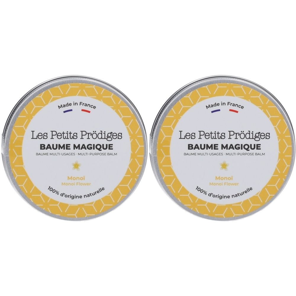 Deux boîtes rondes en métal avec étiquette jaune. Inscription : Les Petits Prodiges, Baume Magique, Monoi, 100% d'origine naturelle. Fabriqué en France.
