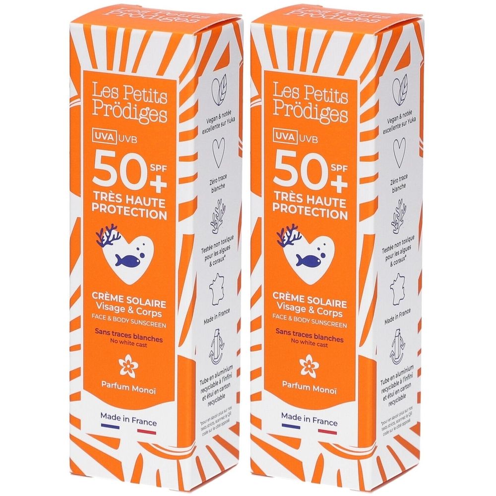 Twee rechthoekige dozen. Opschrift: Les Petits Prodiges, 50+ SPF, Crème Solaire Visage & Corps. Oranje-wit design.