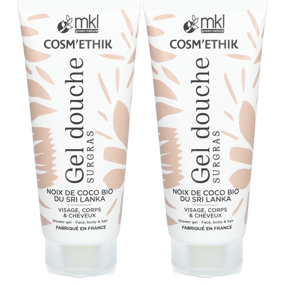 Deux tubes de gel douche. Inscription: COSM'ETHIK, Gel douche, NOIX DE COCO BIO DU SRI LANKA. Pour visage, corps et cheveux. Fabriqué en France.