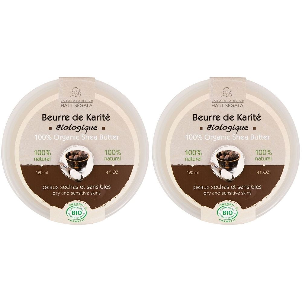 Twee ronde potten met "Beurre de Karité Biologique". Bio-certificering. Voor droge en gevoelige huid.