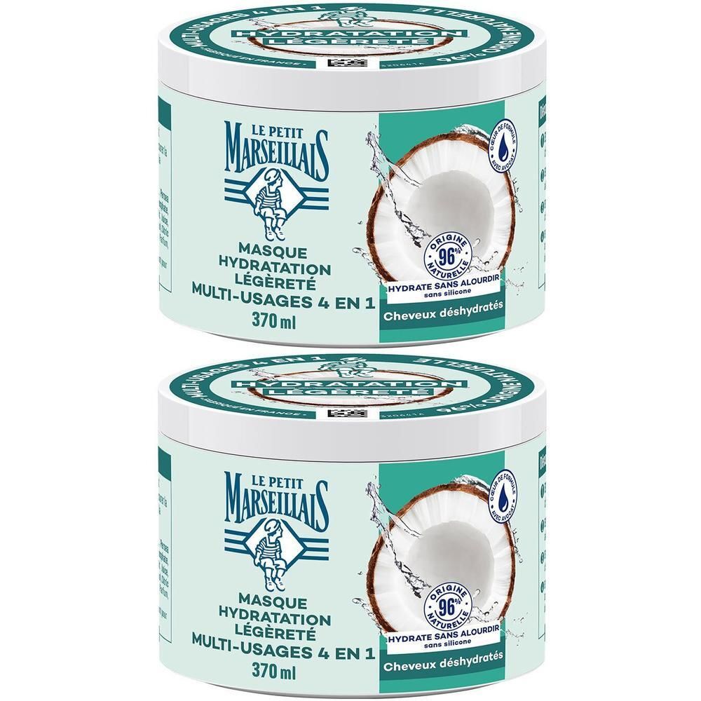 Twee potten LE PETIT MARSEILLAIS Masque 4 en 1. Lichtgroene pot met witte deksel. Opschrift en afbeelding van kokosnoot.