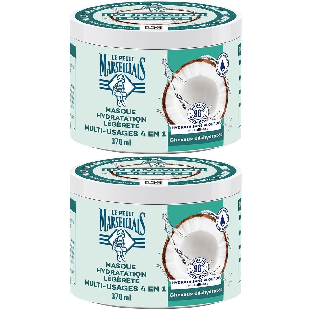 Deux pots de Masque 4 en 1 LE PETIT MARSEILLAIS. Pot vert clair avec couvercle blanc. Inscription et image de noix de coco.